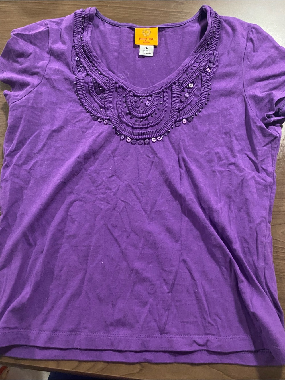 Ruby Rd. Purple Short-Sleeve V-Neck Top with Beaded Neckline